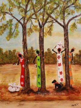 femmes noires près des arbres Afriqueine Peinture à l'huile